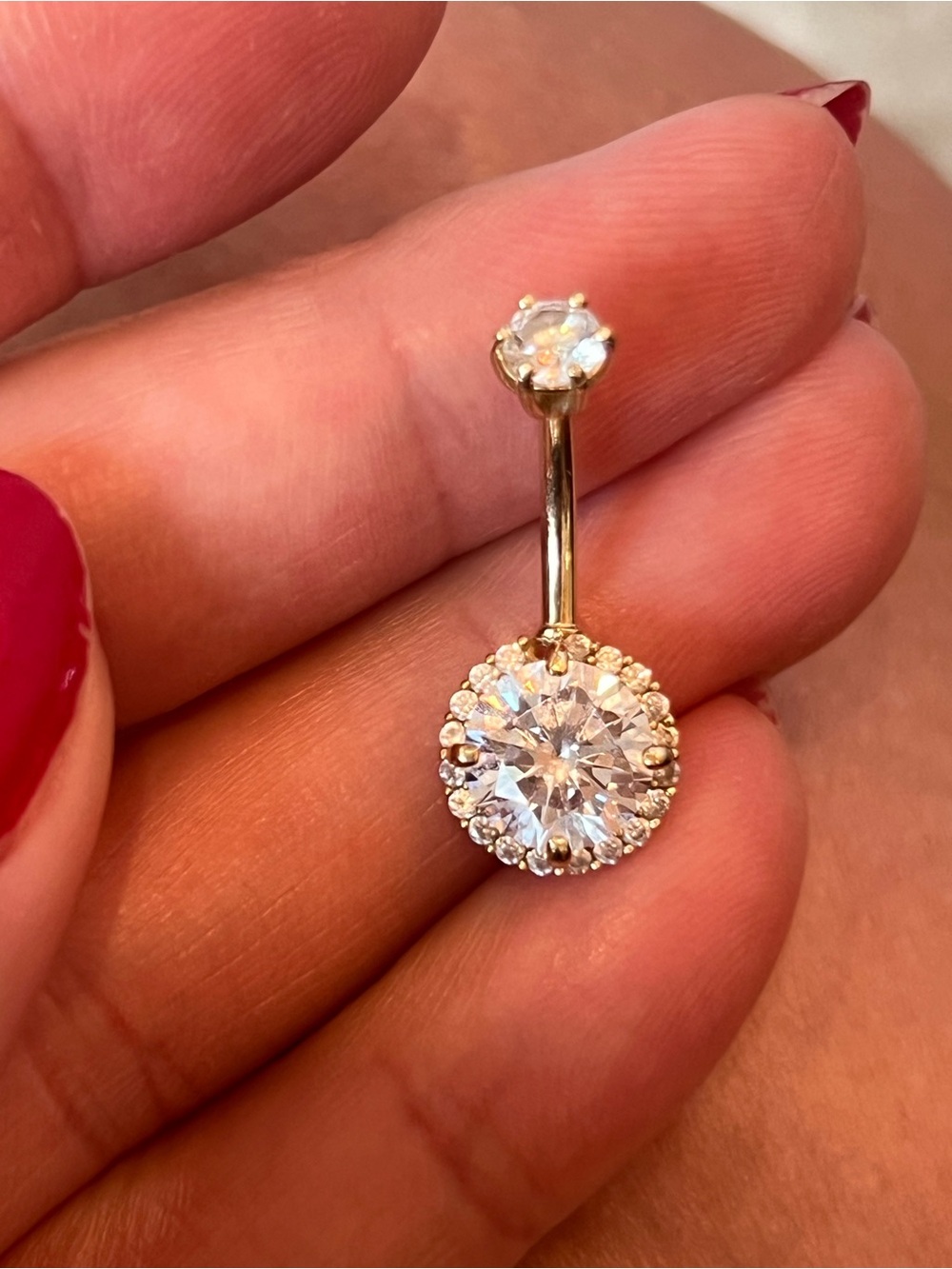 Gold Navel Dangle with Clear Crystal Halo